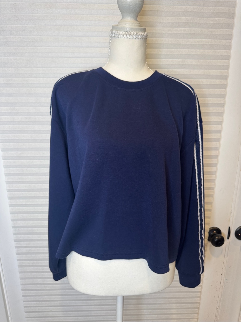 Elie Tahari Navy Crewneck Sweatshirt with White Shoulder Stripes 1427